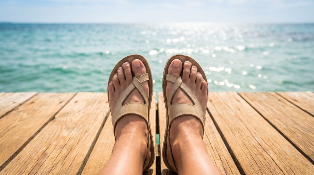 Füße in flachen Ledersandalen auf einem Holzsteg am Meer